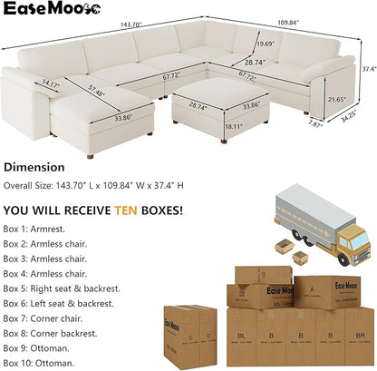 EASE MOOSE Oversized Sectional Modular Sofa，Comfty U Shape Sectional FSC Certified Modern Deep Seat Couch,White Modular Cloud Couch