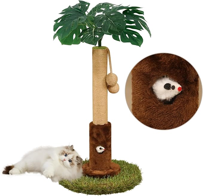 Cat Scratching Posts Cat Trees 26.4" Tall with Sisal Rope Cat Toy and Hanging Ball for Indoor,Wooden Palm Tree Cat Scratch Pole for Kitty