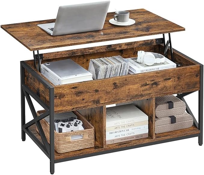 VASAGLE Lift Top Coffee Table, Lift Coffee Table with Storage Shelf, Hidden Compartments and Lifting Top, for Living Room, Office, 19.7 x 39.4 x (19.3-24.4) Inches, Rustic Brown and Black ULCT202B01