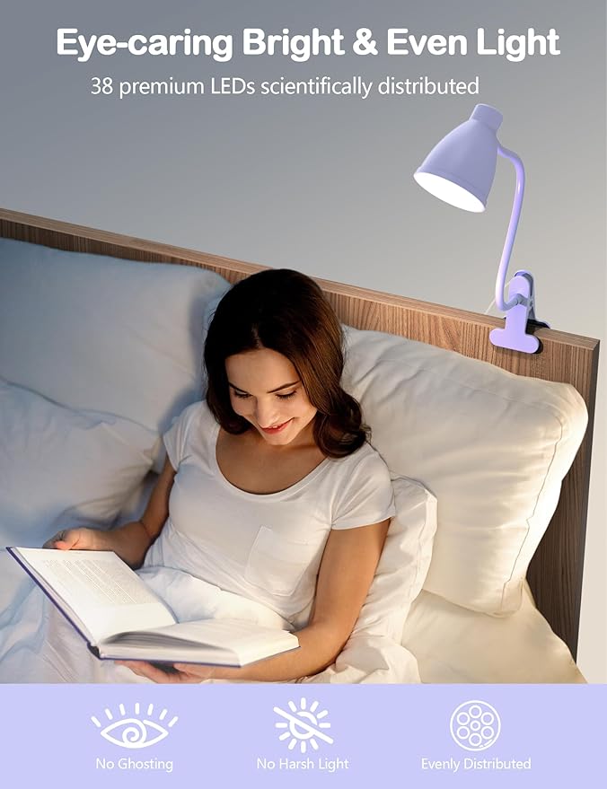 BOHON Desk Lamp with Clamp, 10W 38 LED Clip on Light, 5 Color 10 Brightness Auto Off Timer, Flexible Gooseneck Clip Lamp, Desk Lights for Office Home Bed Bedside Reading, Lilac Purple