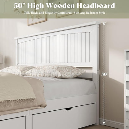 AMERLIFE King Size Solid Wood Bed Frame with 50" Tall Headboard, Mid-Century Modern Bed with Storage, Wooden Platform Bed with 2 Drawers, No Box Spring Needed, White
