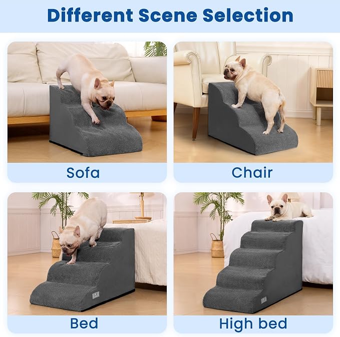 Dog Stairs for High Beds 22.4" H,5-Step Pet Ramp for Small & Medium Dogs | Airpanda Dog Steps with Washable Cover & High-Density Foam,Gentle Curved Design,Ideal for Senior & Short-Legged Dogs,Grey