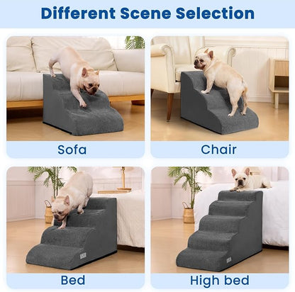 Dog Stairs for High Beds 22.4" H,5-Step Pet Ramp for Small & Medium Dogs | Airpanda Dog Steps with Washable Cover & High-Density Foam,Gentle Curved Design,Ideal for Senior & Short-Legged Dogs,Grey