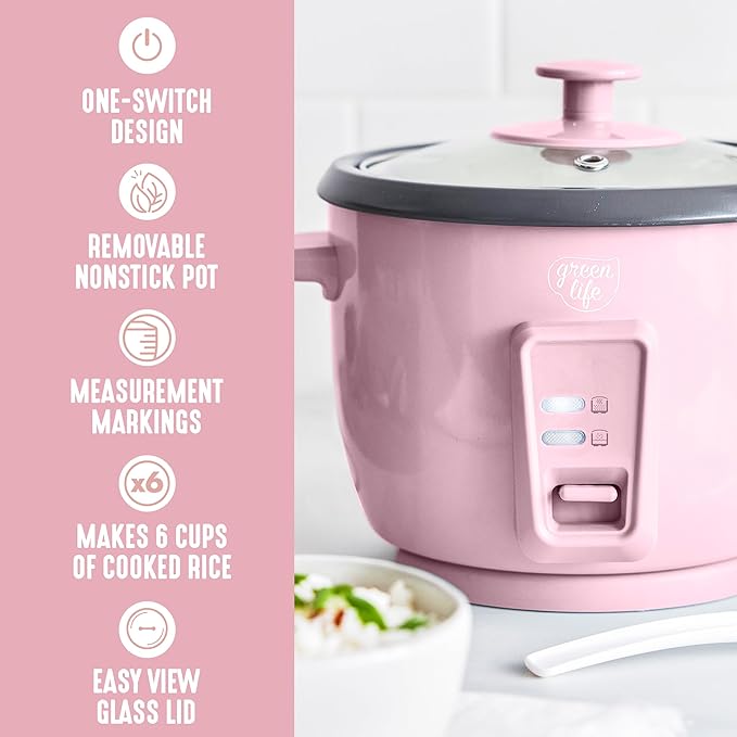 GreenLife Rice Cooker with Removable PFAS-Free Ceramic Nonstick Pot, 3-Cups