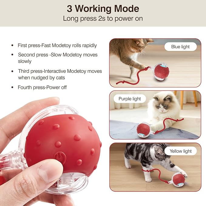 Electric Interactive Cat Toy Ball - Automatic Rolling Silicone Cat Toys for Indoor Cats, Durable Chew-Proof Motorized Kitty Ball with LED Light, Fun Exercise Toys for Bored Kittens（red）