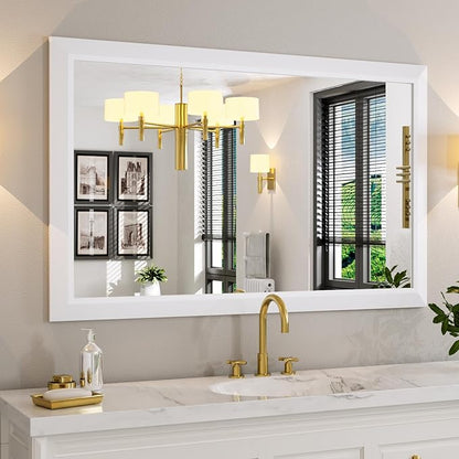 Amorho Bathroom Mirror, 48x30 Inch White Thick Metal Framed Wall Mirrors