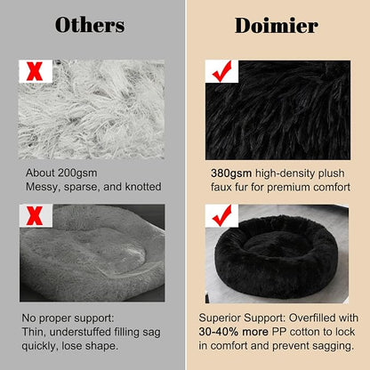 Calming Donut Dog Beds for Small Dogs Kitten - Washable Removable Cover Non-Slip Bottom, Round Pet Bed Puppy Bed Warming Fluffy Faux Fur Anti-Anxiety, Fits up to 15 lbs (Black, 20")