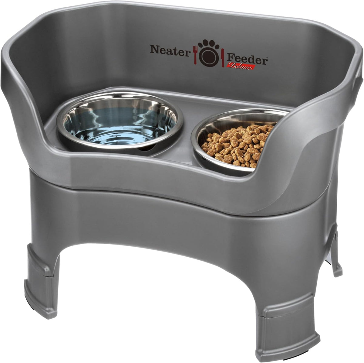 Neater Feeder Deluxe Mess Proof Dog Bowls Elevated for Large Dogs – Made in USA – No Spill Raised Dog Food Bowl Stand w/Leg Extensions – Stainless Steel Dog Food and Water Bowl Set – Grey