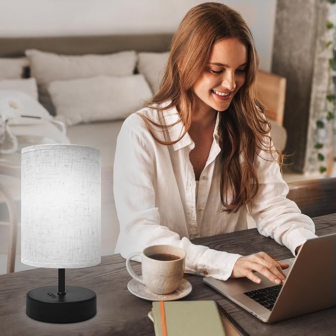 Small Table Lamp, Minimalist with Flaxen Shade, 9 Inch Design for Bedroom & Dorm Room, 2 Pack