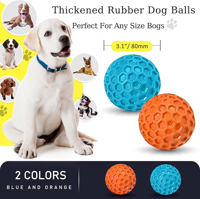 2 Pack Indestructible Squeaky Dog Balls, Cleans Teeth, Relieves Anxiety, Interactive Dog Toy for Aggressive Chewers, Rubber Ball Breeds, Outdoor Waterproof