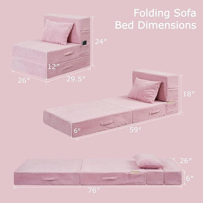 HILERO Folding Sofa Bed, 4 in 1 Convertible Sleeper Chair with Pillow, Single Memory Foam Fold Out Chair Bed, Modern Floor Futon Sofa Couch Mattress for Living Room/Guest/Apartment, Pink