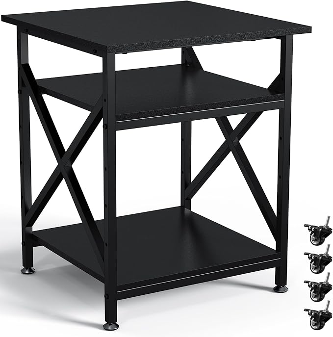 Ollieroo 3 Tier Printer Stand, Large Table with Wheels, Rolling Cart with Height Adjustable Middle Storage Shelf, 23.6 x 23.6 x 30.3 Inches Shelf for Home Office, Black