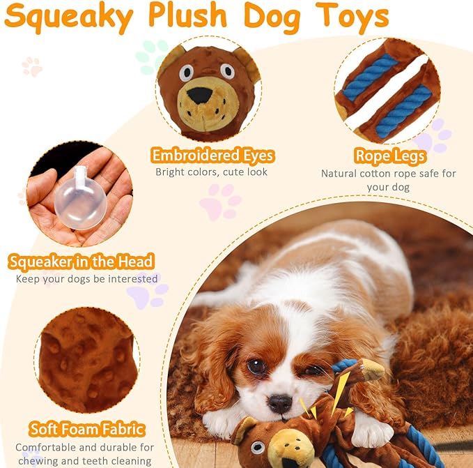 Dog Toys to Keep Them Busy, Plush Tug of War Interactive Rope Dog Toys, Squeaky Chew Toys for Small Medium Large Dogs