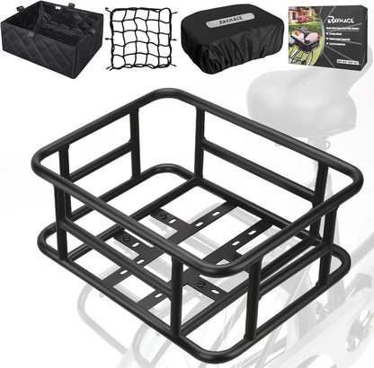 RAYMACE Rear Rack Bike Basket with Cargo Net and Liner Large Bicycle Basket Perfect Mount for Electric Bike