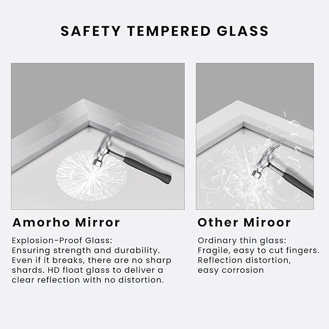 Amorho Bathroom Mirror, 55x32 Inch Silver Thick Metal Framed Wall Mirrors