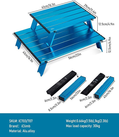 iClimb Ultralight Compact Mini Beach Picnic Folding Alu. Table with Carry Bag, Two Size (Blue - S)