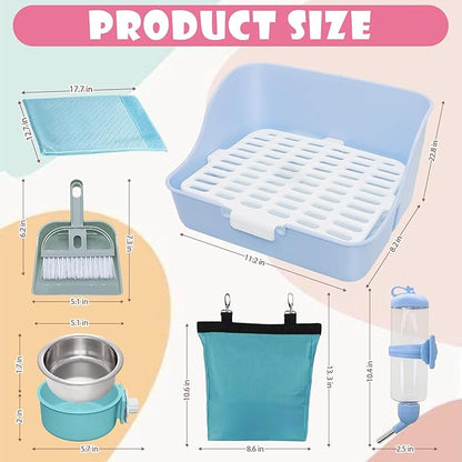 Rabbit Litter Box Trainer with Hay Feeder Hanging Bowls Water Dispenser for Cage Drawer Pan Litter Bedding Small Animal Pet Toilet Bunny Guinea Pigs Chinchilla Ferret Small Animals Blue