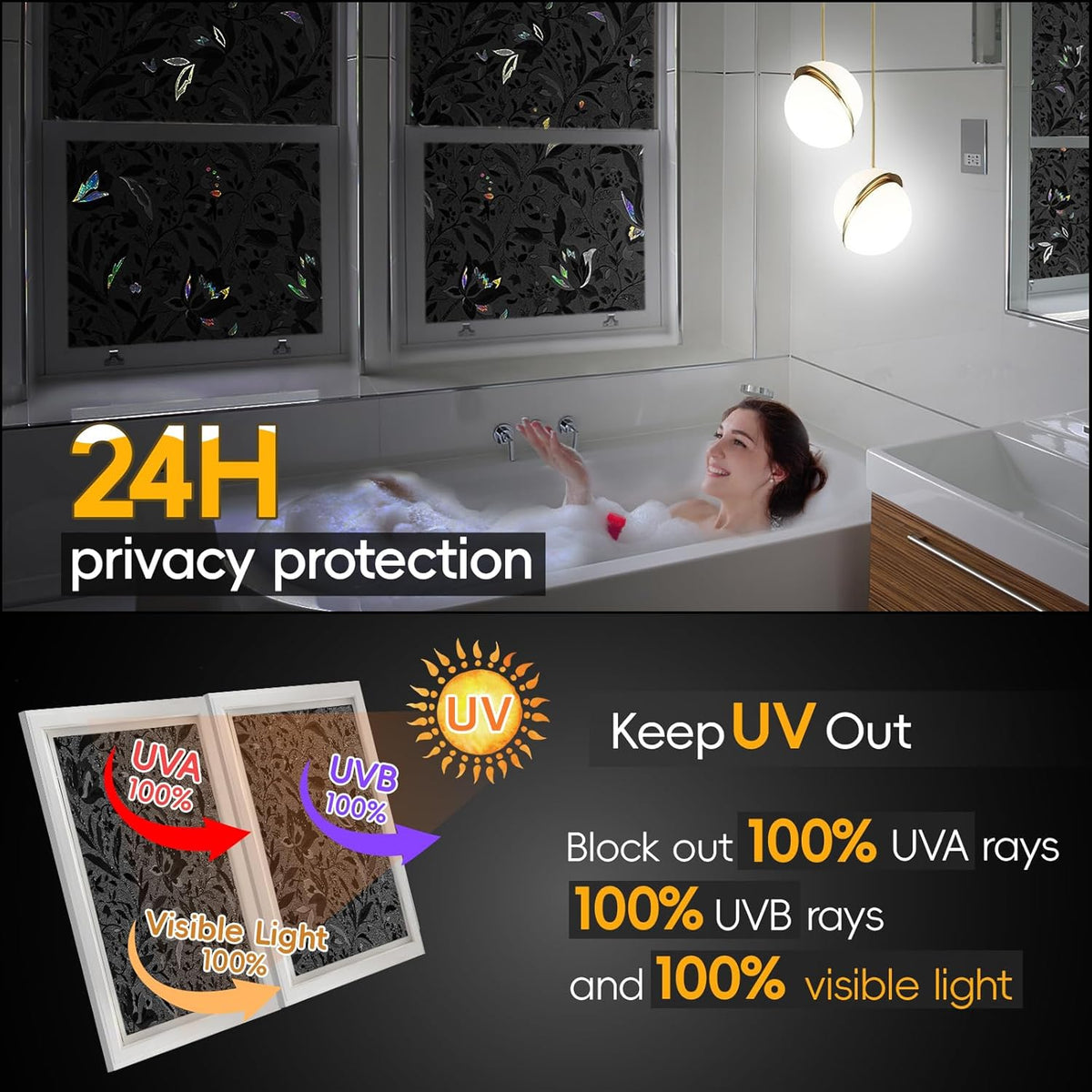 Total Blackout Privacy Film Radiance with Tools - Room Darkening Window Tint in Static Cling - Black Out Window Replacement - 23.6" x 78.74" (4 Pack)