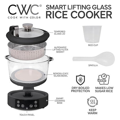 COOK WITH COLOR 3L Glass Mini Low Carb Rice Cooker – Holds 2 Cups Raw/Makes 6