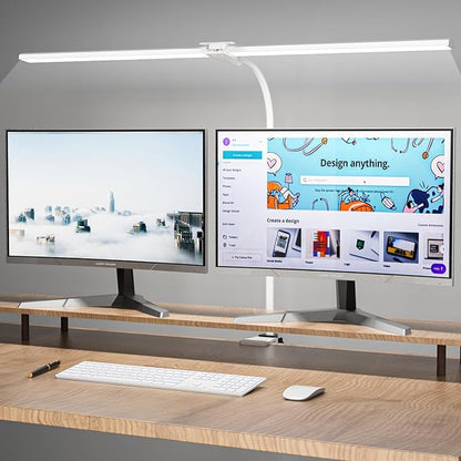 LED Desk Lamp, 31.5'' Wide Double Head Desk Lamps for Home Office, Dimmable 25 Lighting Modes 16W 1800lm Bright Desk Lighting, Eye Caring Architect Table Lamp for Workbench Monitor Study, White