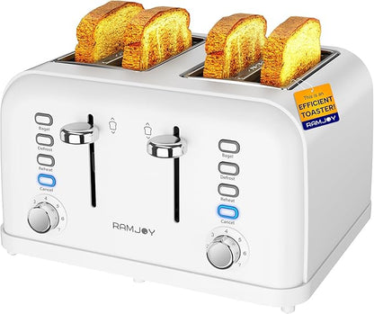 White Toaster 4 Slice, Dual Independent Controls, Extra Wide Slot Toasters