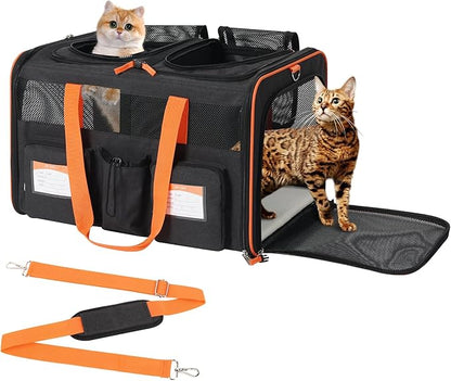 22''(L) x 16''(W) x 14''(H) Large Double pet Carrier for 2 Small-Medium Cats and car Travel,with a Removable Divider,Large Loading top,4 Pockets and Zipper Locks.