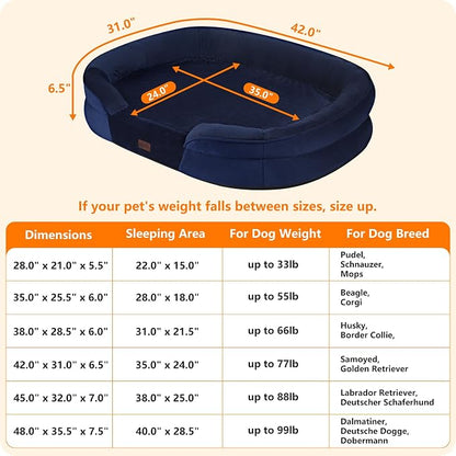 Dwanton Orthopedic Dog Bed for Large Dogs with Gel Memory Foam, Waterproof Dog Sofa, Washable Pet Bed with Four Sided Bolster Cushion, Removable Cover & Non-Slip Bottom, 42", Navy Blue