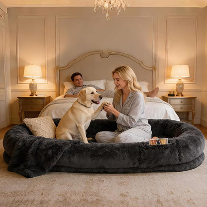 Dark Grey Human Dog Bed - 71''x45''x12'' Size Fits You and Pets | Washable Faux Fur Pet Bed for People Doze Off, Napping Orthopedic Dog Bed, Present Plump Pillow, Blanket, Strap