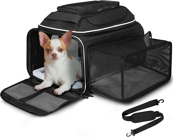 Petskd Top and Side Expandable Pet Carrier 18x13x9.5 Inches Southwest Airline Approved, Soft-Sided Carrier for Small Cats and Dogs with Locking Safety Zippers and Anti-Scratch Mesh(Black)