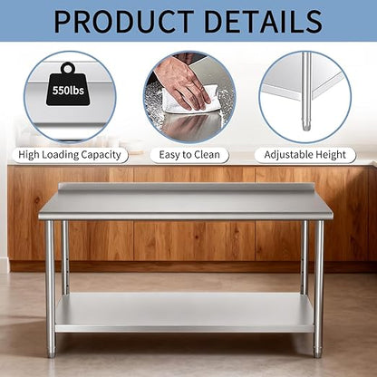 Mioleu Commercial Stainless Steel Table 60 x 24 Inches Heavy Duty Prep & Work Metal Desk with Blacksplash & Adjustable Undershelf for Kitchen Restaurant Home Garage Warehouse