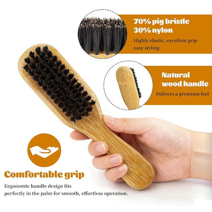 40 Pack Small Boar Bristle Hair Brush Bulk, Bamboo Handle -Slick Back Beard Brush, Hard Bristle Brush for Thick Hair, Curly, Frizz Control,Dual Use for Women & Men, Pet Grooming Cat & Dog