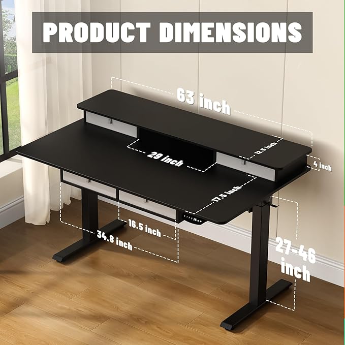 Electric Standing Widened Desk 63 * 30 Inches Adjustable Height