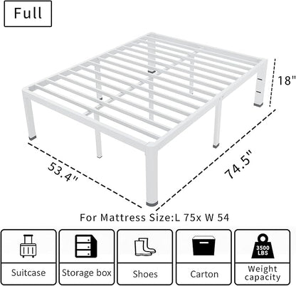 ROIL 18 Inch White Full Size Bed Frame with Rounded Corner and Headboard Hole Mattress Retainers 3500LBS Heavy Duty Steel Slats No Box Spring Needed Platform Noise-Free Easy Assembly