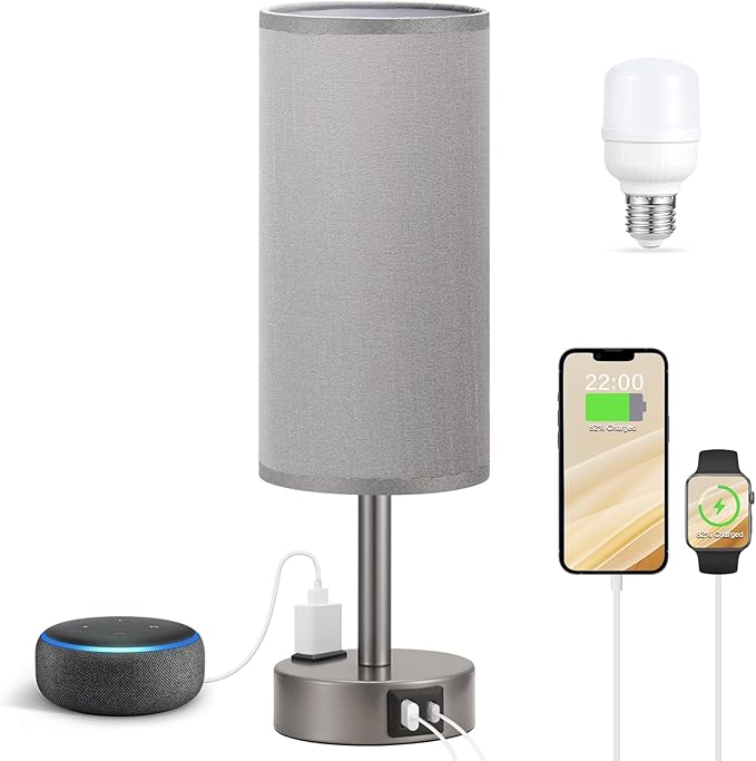 Fenmzee Grey Bedside Table Lamp for Bedroom - 3 Way Dimmable Touch Lamp USB C Charging Ports and AC Outlet, Small Lamp for Living Room, Desk, LED Bulb Included