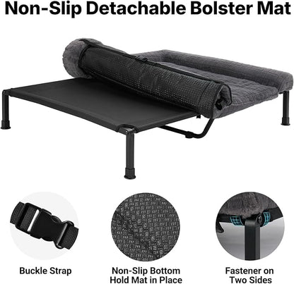 Veehoo Plush Double Dog Couch Bed for 2 Dogs, Washable Elevated Dog Bed | Cooling Raised Pet Cot with Removable Bolster Cushion, Breathable Mesh, No-Slip Feet, 53 x 37 inches, Grey