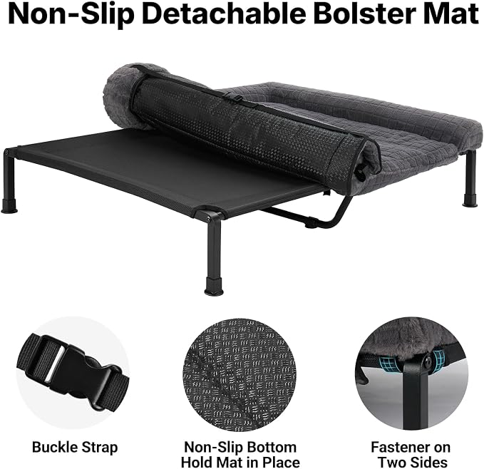 Veehoo Plush Double Dog Couch Bed for 2 Dogs, Washable Elevated Dog Bed | Cooling Raised Pet Cot with Removable Bolster Cushion, Breathable Mesh, No-Slip Feet, 48 x 37 inches, Grey
