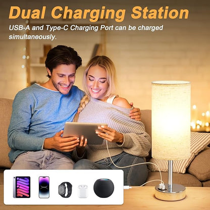 Dicoool Touch Table Lamp for Bedroom Nightstand - Bedside Lamp with USB-C USB-A Charging Ports White, 3 Way Dimmable Small Desk Lamp for Bedroom, Dorm Room, Office, Living Room, Reading, Bathroom
