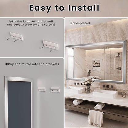 Amorho Bathroom Mirror, 55x32 Inch Silver Thick Metal Framed Wall Mirrors