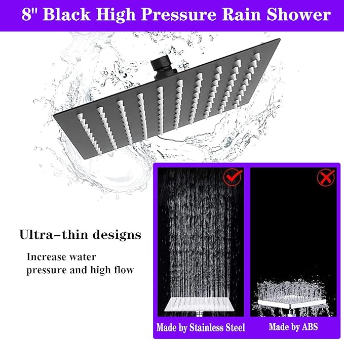 8"High Pressure Square Rain Shower Head and 2-in-1 Hand Shower.Equipped