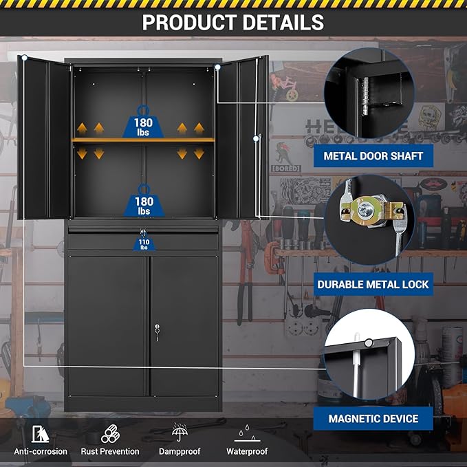 71" Metal Cabinet-Black Heavy Duty Storage File Cabinet Steel Tool Cabinets