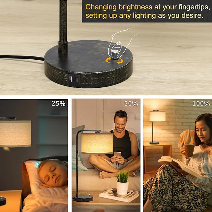 Seaside village Bedside Table Lamp with USB C+A Charging Ports, Fully Dimmable Industrial Tall Nightstand Reading Desk Lamp for Bedroom, Living Room, Office, 9W LED Bulb Included