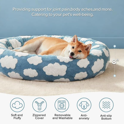 JOEJOY Jacquard Donut Round Dog Beds Medium Sized Dog,Blue 30x30x8in, Removable Washable Cover, Cute Pattern, Ultra Soft Fluffy Calming Pet Bed with Thick Supportive Bolster