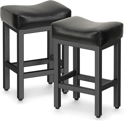 Counter Height Bar Stools Set of 2, 24 Inch Barstools for Kitchen Island Counter, Bonded Leather Kitchen Stools with Thick Saddle Seats & Heavy Duty Metal Base, Easy Assembly, All Black