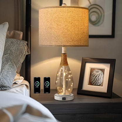 OYEARS 23" USB A+C Table Lamp for Bedroom Living Room Modern Bedside Lamps Retro Farmhouse Rattan Glass Nightstand Nightlight Lamps (White),Two Light Points