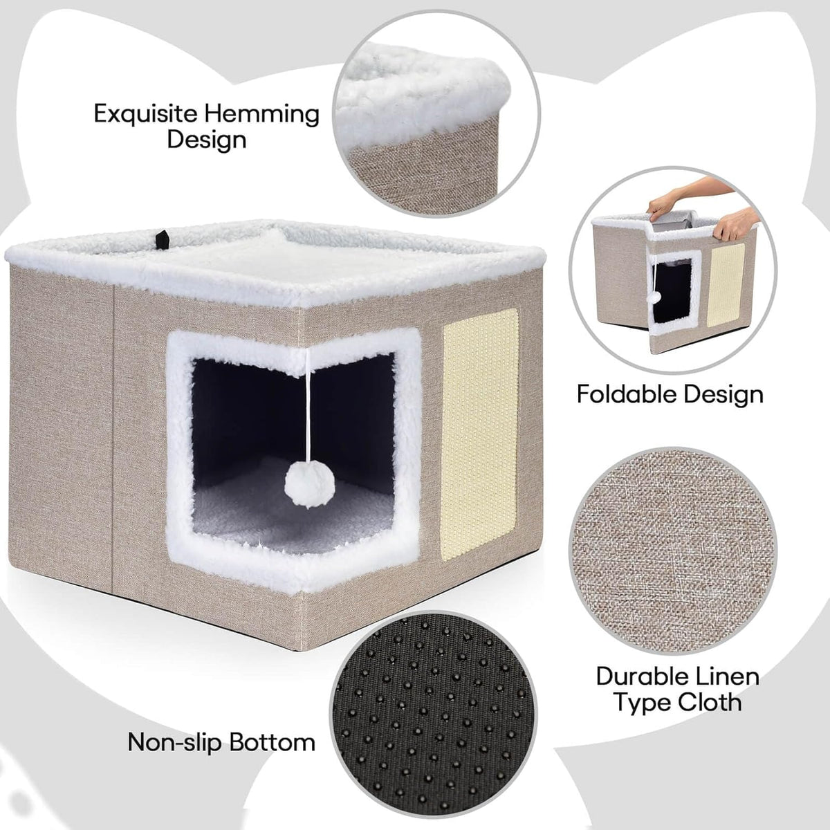 petizer Cat Bed for Indoor Cats, Large Covered Cat House with Scratch Pad, Foldable Cat Cave Bed & Hideaway Cube with Reversible Cushions, Cute Cat Condo for Multi Small Pet Kitten (Khaki)
