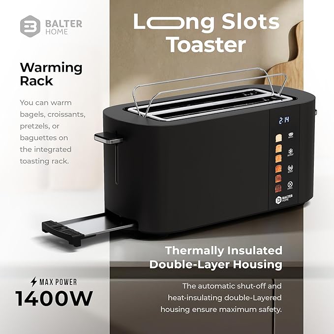 Toaster 4 Slice Wide Slot, Bagel Function, Long Slot, Stainless Steel, Touch