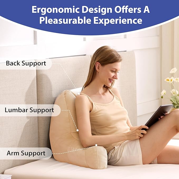 IASEAHK Reading Pillows for Sitting in Bed Adult, Back Pillow for Bed Sitting Up, Backrest Pillows with Shredded Foam for Adult&Teens, Support Pillow with Arms for Beds, Couch, Floor, 24in, Beige