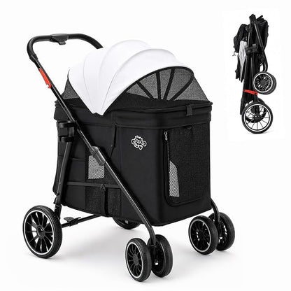 Dog Stroller for Medium Dogs, 4 Wheels Pet Stroller for 2 Small Dogs or 1 Medium Dogs, Cat Stroller Up to 80 lbs, Dual Entry Design, Foldable Design, Sun Shades, Breathable Mesh, Black