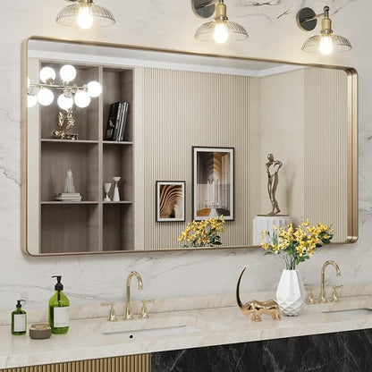 LOAAO 60”X30” Gold Bathroom Mirror, Rounded Rectangle Gold Frame Mirror