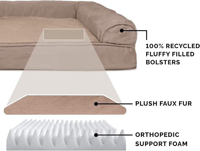 Furhaven Orthopedic Dog Bed for Large Dogs w/ Removable Bolsters & Washable Cover, For Dogs Up to 95 lbs - Plush & Suede Sofa - Almondine, Jumbo/XL